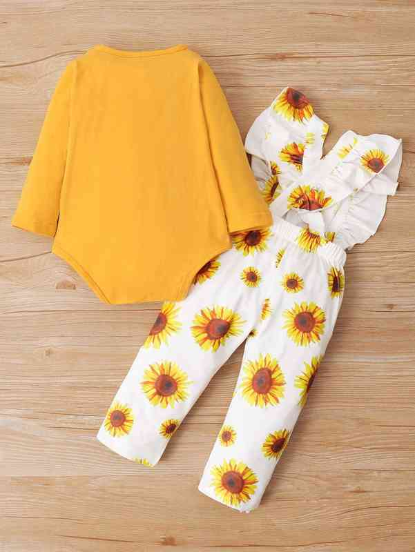Baby Solid Bodysuit & Sunflower Print Ruffle Trim Jumpsuit SHE