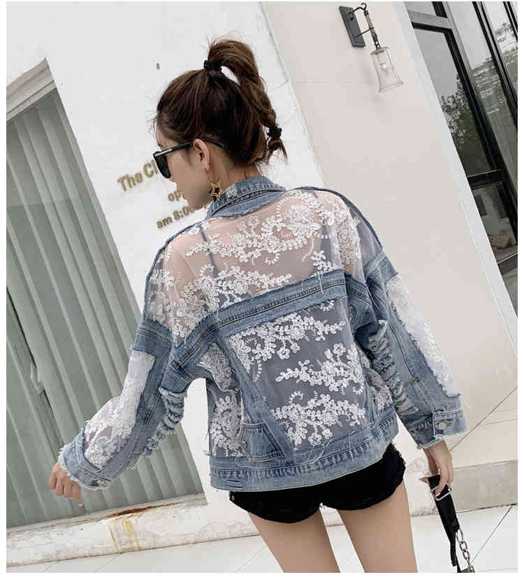 Fashion Women Hole Denim Jackets Coat Spring Summer Jean Patchwork Lace Embroidery Thin Loose 210519