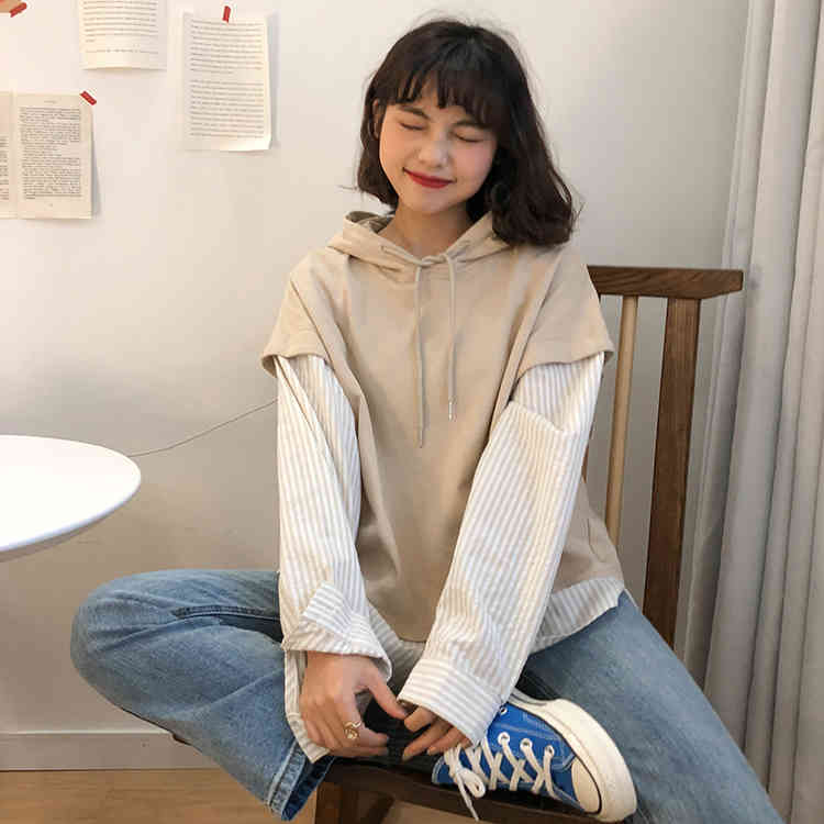 autumn preppy style faux two pieces stripe hoodies womens sweatshirts and pullovers (F3935) 210423