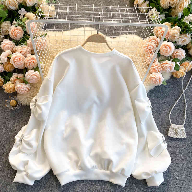 Nomikuma Korean Diamonds Bowknot Pullover Sweatshirt Causal Long Sleeve O-neck Hoodies Spring New Sweet Women Jumper 6E145 210427