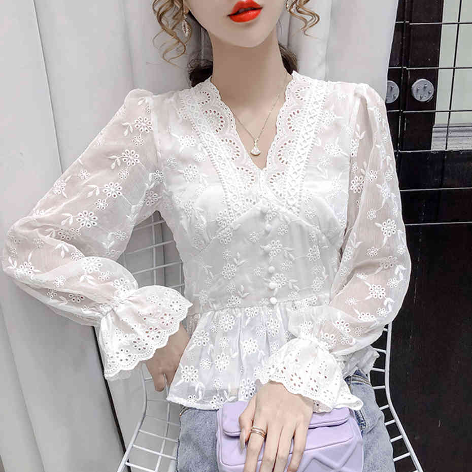 Pure White Blouse Women Mesh Hollow Out Sexy Vneck Blouse Flare Sleeve Embroidered White Shirts Ladies Elegant Blusas Plus Siz 210412