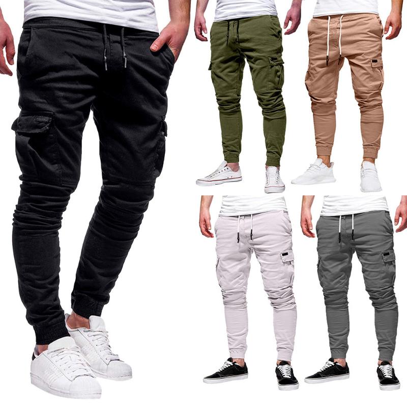 Men Casual Joggers Pants Solid Cargo Sweatpants Male Multi-pocket Trousers Mens Sportswear Hip Hop Drawstring Pencil Men's