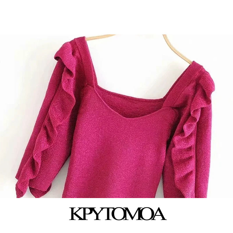 Women Fashion With Ruffle Trims Cropped Knitted Sweater V Neck Half Sleeve Female Pullovers Chic Tops 210420