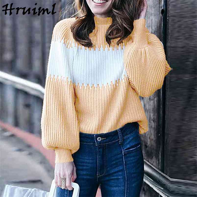 Pullovers Sweater Women Color Matching Turtleneck Long Sleeve Loose Knitted Sweaters Autumn Winter Clothes Casual Ropa Mujer 210513
