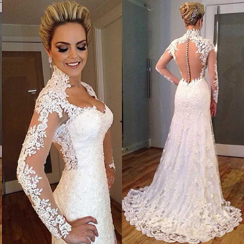 Lace Applique Long Sleeve Wedding Dress Dubai Arabic Style overed Button Bridal Gowns Custom Made, Black 
Lace Applique Long Sleeve Wedding Dress Dubai Arabic Style overed Button Bridal Gowns Custom Made, Black