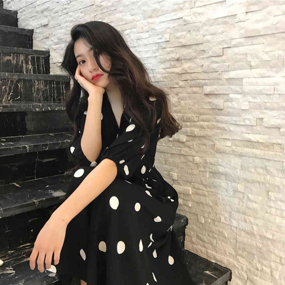 Summer Korean Style Chiffon Long Dress Women Half Sleeve V Neck Dot Print Midi Dresses Casual Party Beach Dress Plus Size 4XL 210518