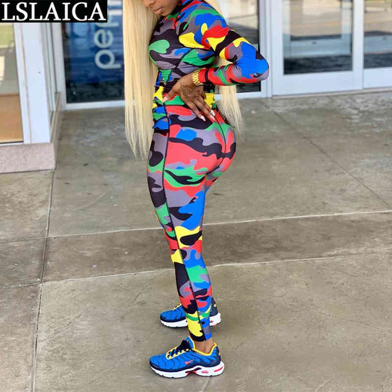 Body Suits for Women Romper Fashion Camouflage Print Bodycon Jumpsuit Long Sleeve Stand Collar Zipper Overalls Fall 210515