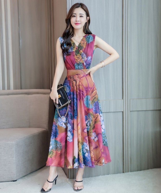 Chiffon Dress Summer Printed slim Female V Neck Sleeveless Bohemia Long Dresses Plus Size 210519