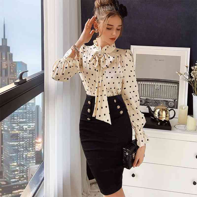 Dabuwawa Vintage Beige Polka Dot Print Bow Blouse Women Spring Autumn Sweet Ruffle Sleeve Shirts Tops Office Lady DO1AST033 210520