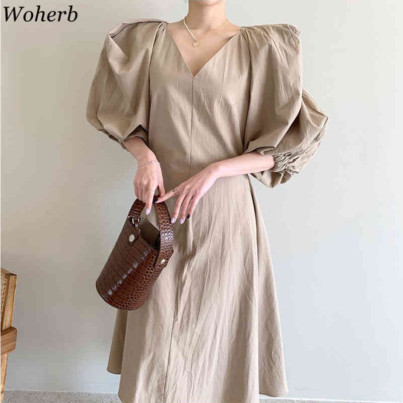 Solid Midi Elegant Office Lady Dress Women Casual Puff Sleeve Streetwear All Match Dresses Korean Chic Fashion Vestidos 210519