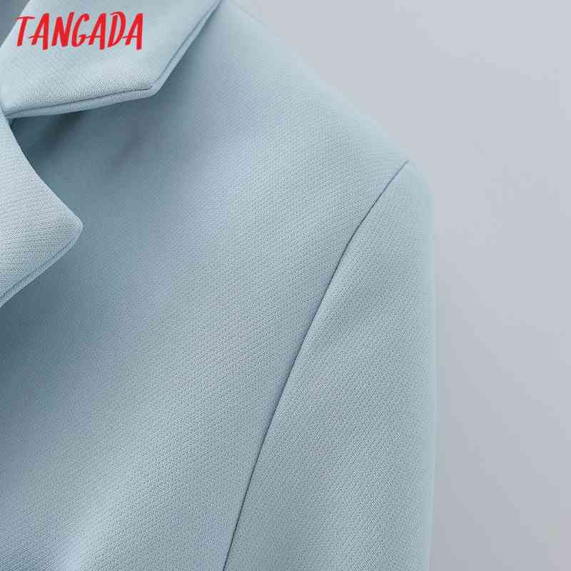 Women Blue Blazer Coat Vintage Notched Collar Pocket Fashion Female Casual Chic Tops DA09 210416
