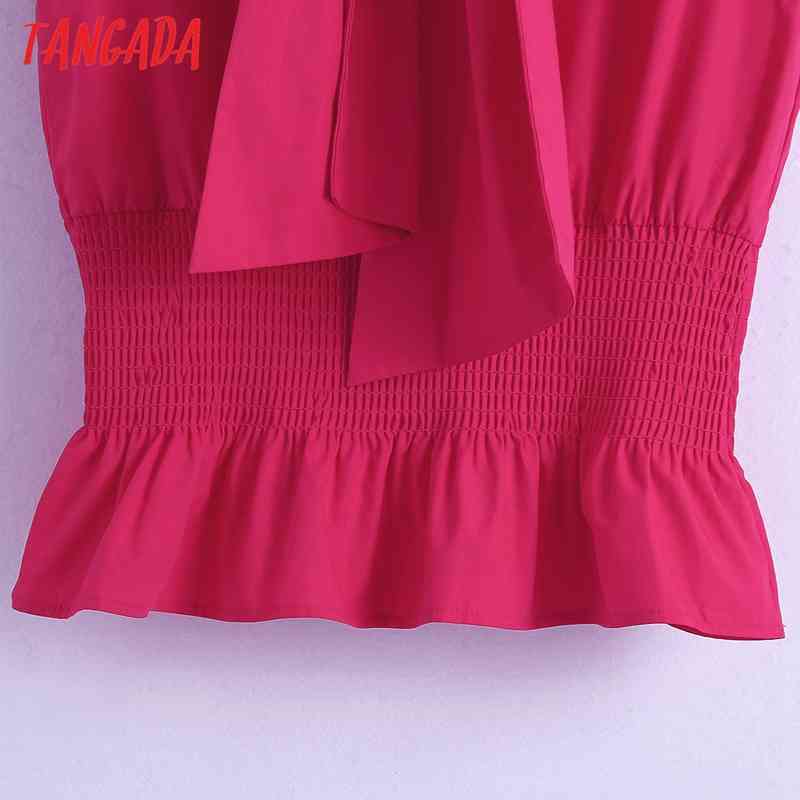 Women pink Summer Shirts Sleeveless Solid Bow Collar Elegant Office Ladies Tunic Blouses 6Z75 210416