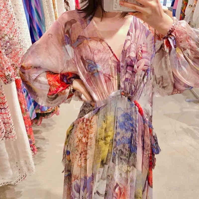 Tie Dye Printed Beach Dress Women's Summer V-neck Loose Lace Up Waist Lantern Long Sleeve Dresses 5E257 210427