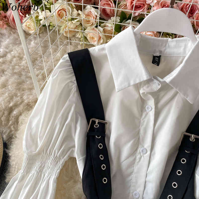 Women Casual All Match Two Pieces Set Black Belt Vest + Long Puff Sleeve White Shirt Blouse Korean Cool Streetwear 210519