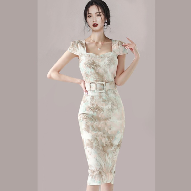 Vintage Elegant Print Pencil Dress Women's Summer Fashion Office OL Square Collar Bodycon Slim Waist Party Dresses Vestidos 210518