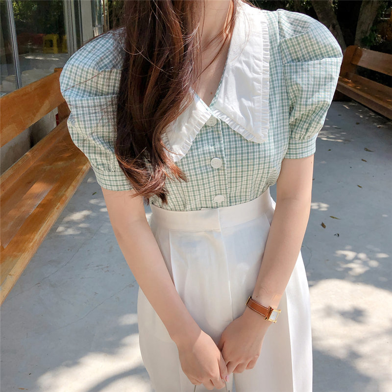 Brief Plaid Vintage Stylish Geometric Summer Short Sleeves Casual Lady Loose OL All Match Women Blouses Shirts 210421