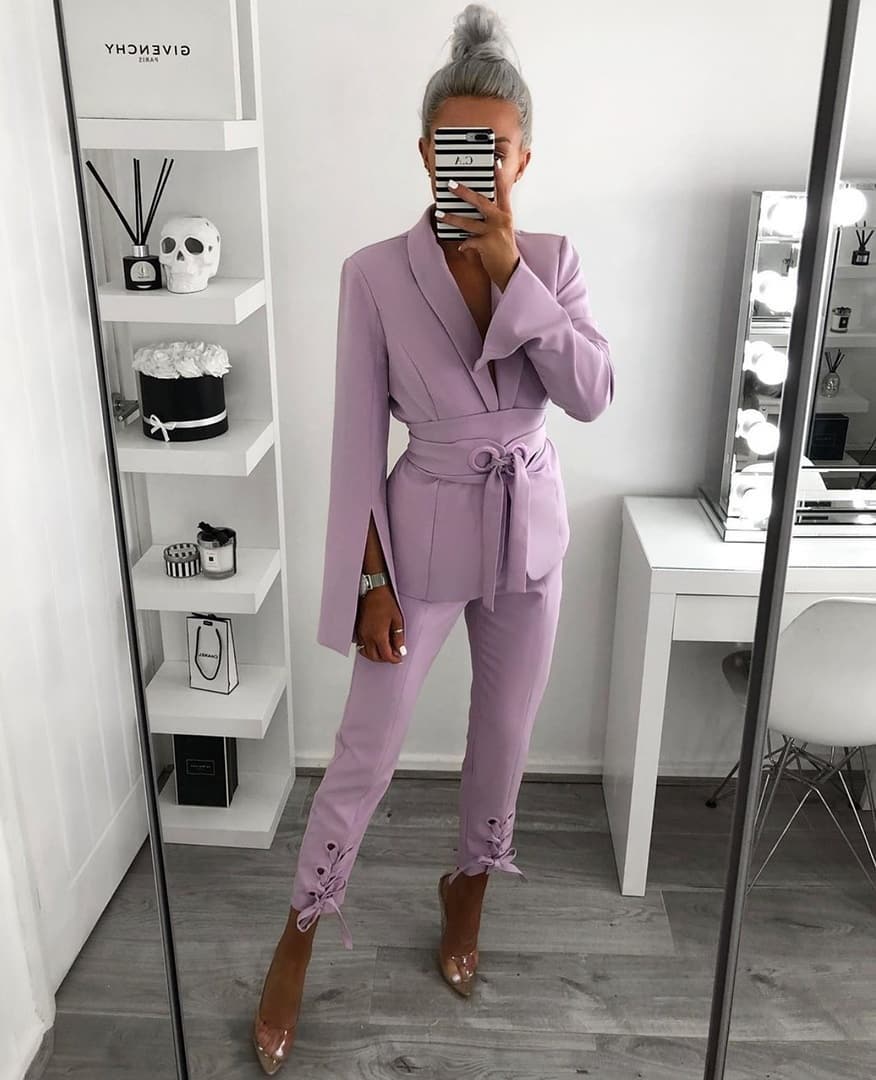 Fashion Purple Women Blazer Suits with Belt Sexy V Neck Formal Office Lady Pants Suit Prom Party Wedding (Jacket+Pants)