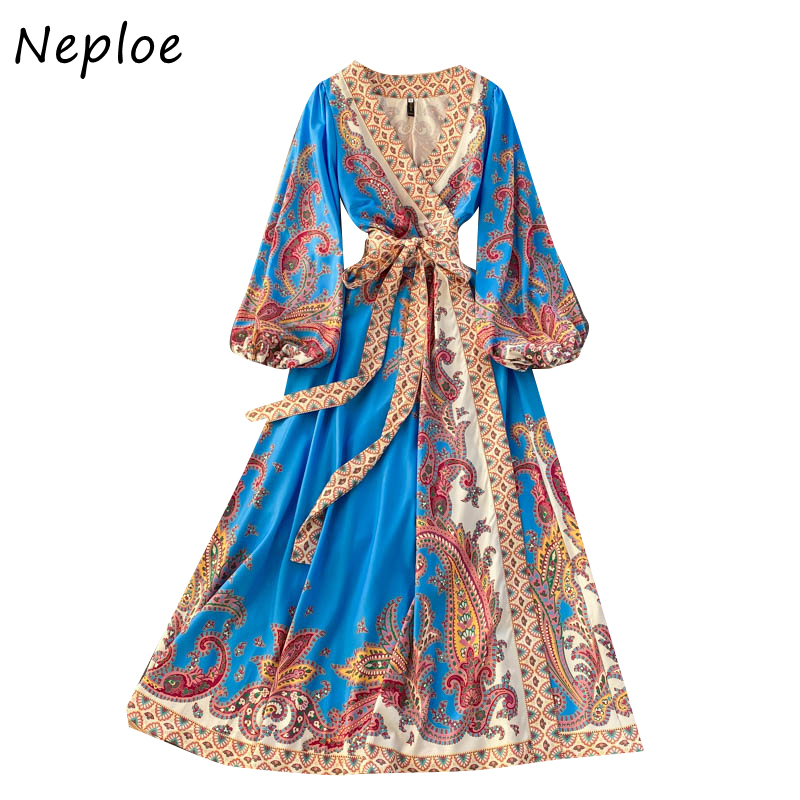 Neploe Vintage Print Holiday Bohemian Dress Women High Waist Lace Up Slim Maxi Dresses V Neck Long Sleeve Vestidos Mujer 94992 210422