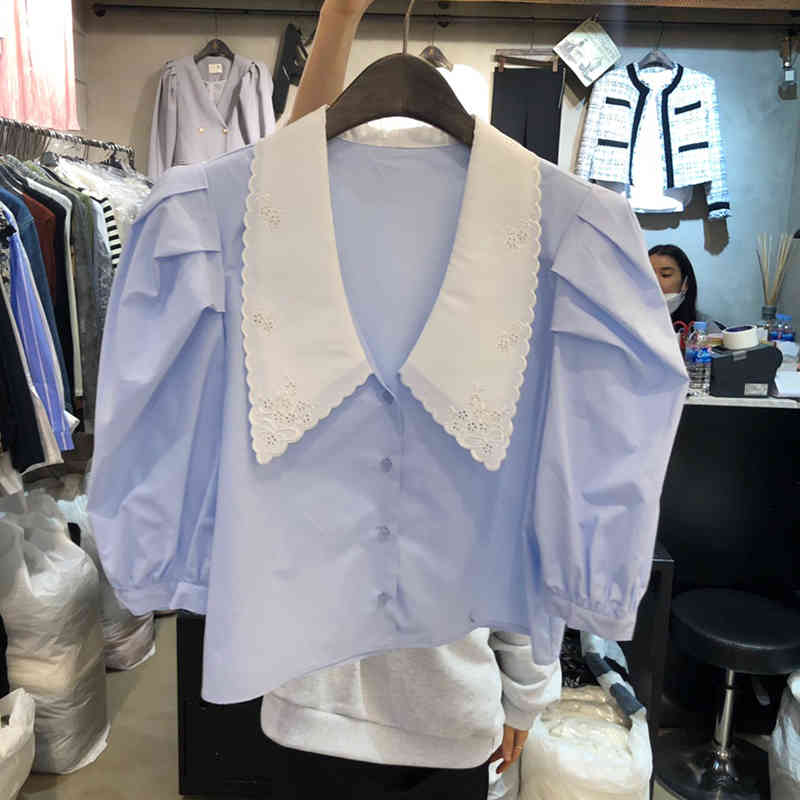 Floral Embroidery Peter Pan Collar Blouse Women Summer Puff Sleeve Shirt Single Breasted Female Clothing Blusas 14172 210508