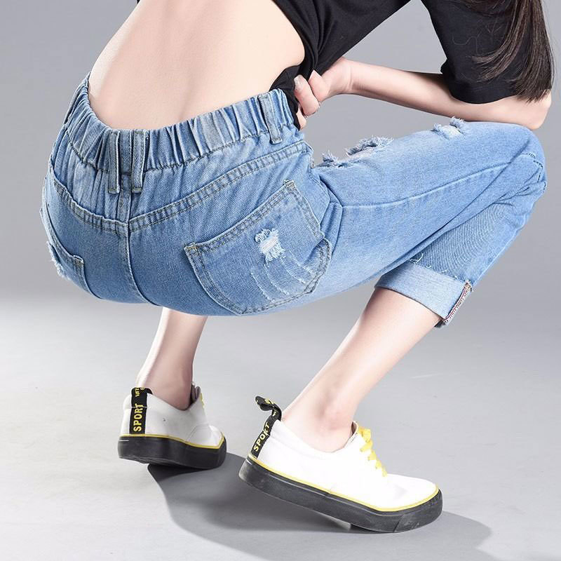 Korea Fashion Women Jeans Elastic Waist Loose All-matched Casual Harem Pants Vintage Ripped Cotton Denim D171 210512