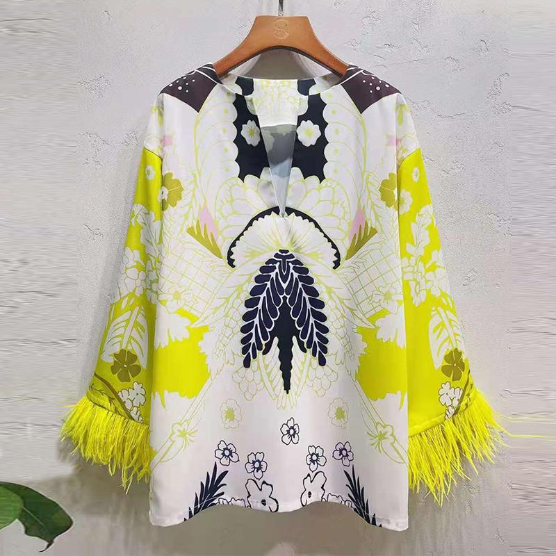 Women's Two Piece Pants AELESEEN Runway Fashion 2 Pieces Sets V-Neck Flare Sleeve With Feather Blouse+ Full-Lenght Waist Elastic Flower Prin