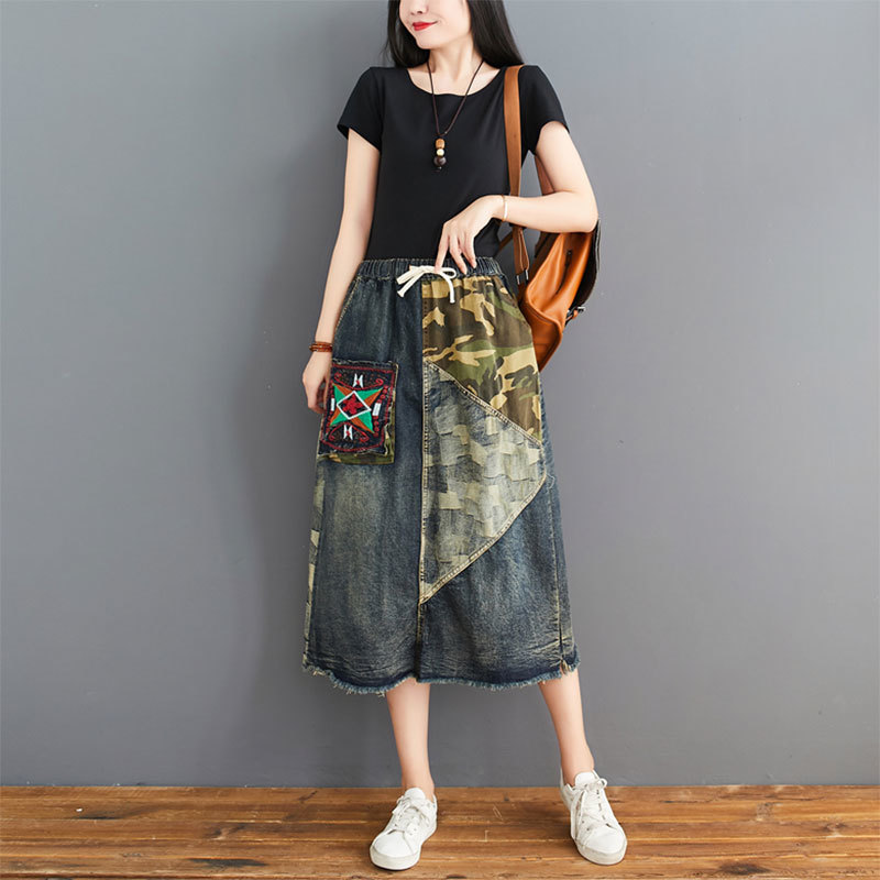 Spring Autumn Arts Style Women High Waist Loose Denim Skirt Patchwork Embroidery Vintage A-line Long S20 210512
