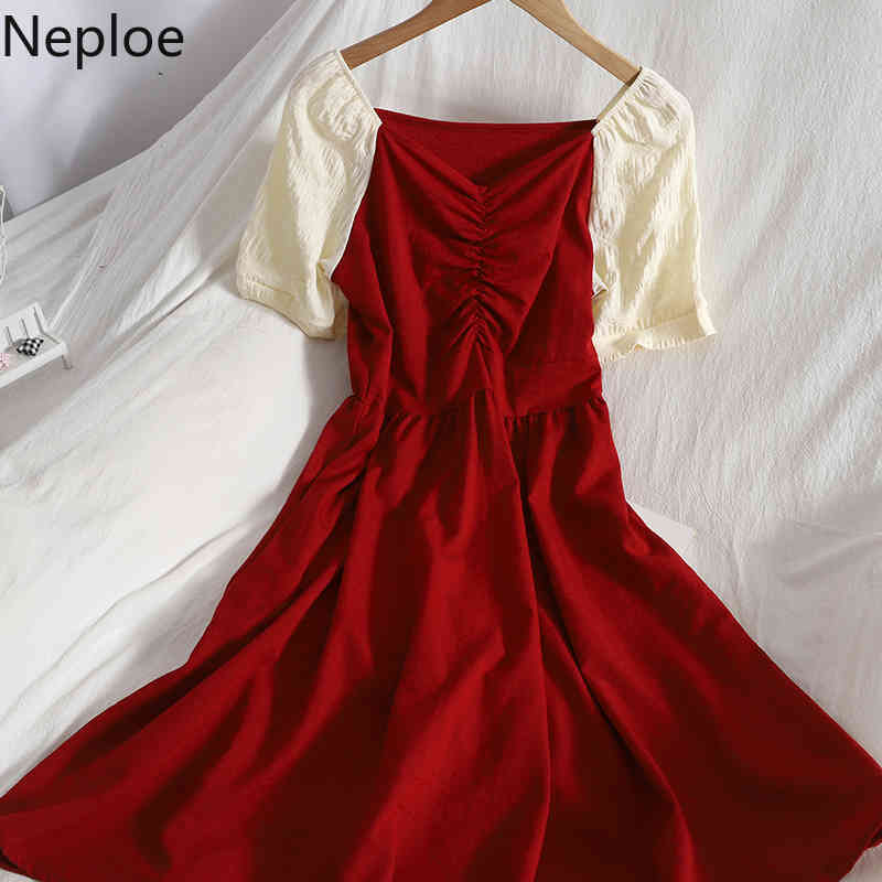Neploe Summer Dress Women Elegant Pleated Korean Vestidos Mujer Contrast Color Patchwork Temperament Dresses Vintage Robe 4i820 210422