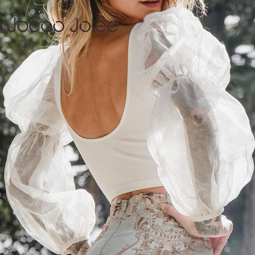 Women Sexy Puff Sleeve U Neck Blouse Casual Mesh Long Elegant Shirts Female Patchwork Crop Tops 210428