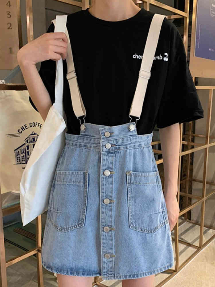 Korean Fashion Teen Girls Suspender Summer Vintage Short Style Denim Women Overalls High Waist Jeans Mini Skirt