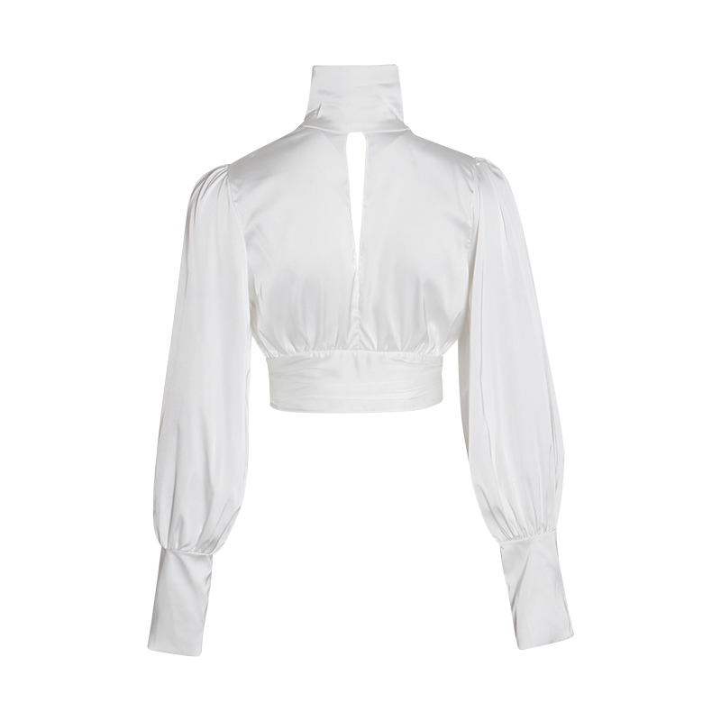 Backless White Spring Shirt For Women Turtleneck Long Sleeve Lace Up Bowknot Blouse Female Fashion Clothing 210524
