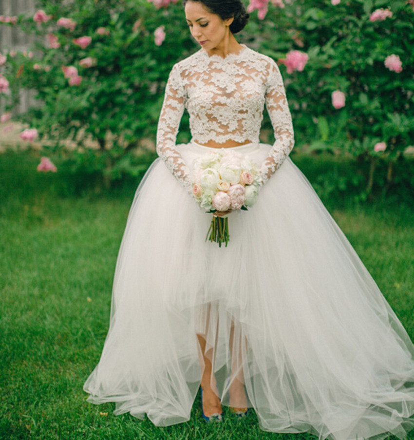 Two Pieces High Low A Line Wedding Dress Sexy See Through Top Lace Long Sleeve Boho Beach Bridal Gowns Fancy Ivory Tulle Bride Wedding Dresses robes d