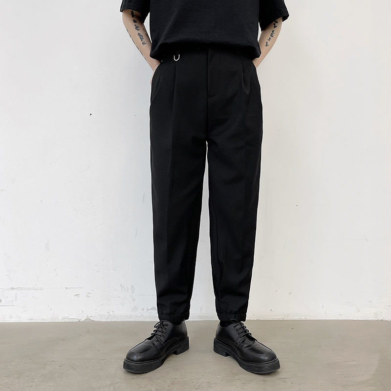 IEFB Summer Black Pencil Pants For Men Korean Trend Slim Fit Casual Ankle-length Pants Side Both Pockets Fold trousers 210524
