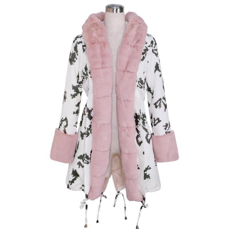 Women Parka Hooded Fur Parkas Thickened Overcoat Warm Winter Coat Printed Drawstring Long Jacket Plus Size 210524