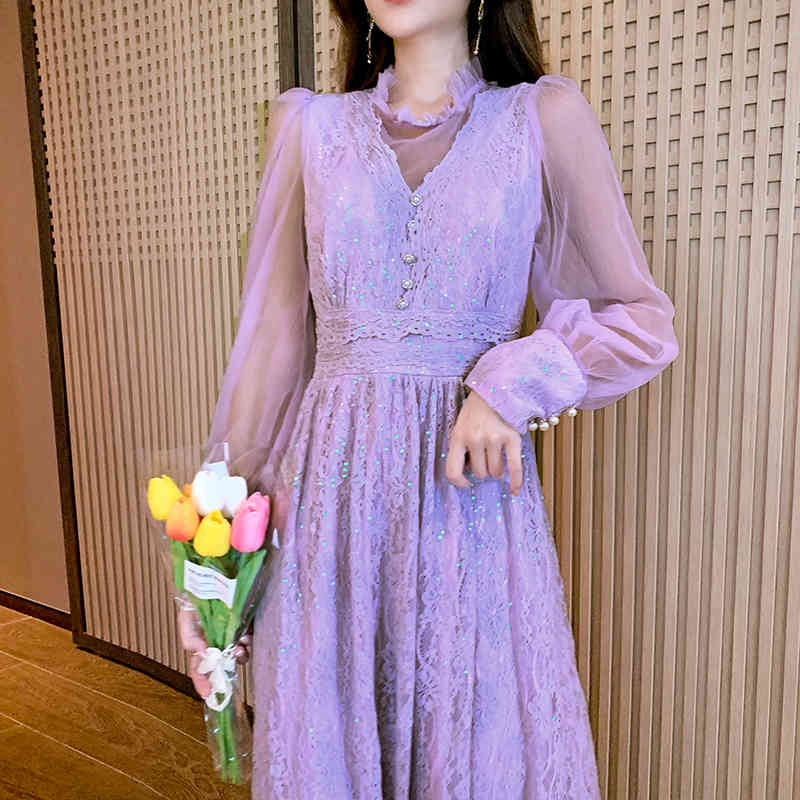 Sweet Purple Fairy Vintage Dress French Spring Elegant Lace High Waist Casual Slim Midi Dress Female 210518