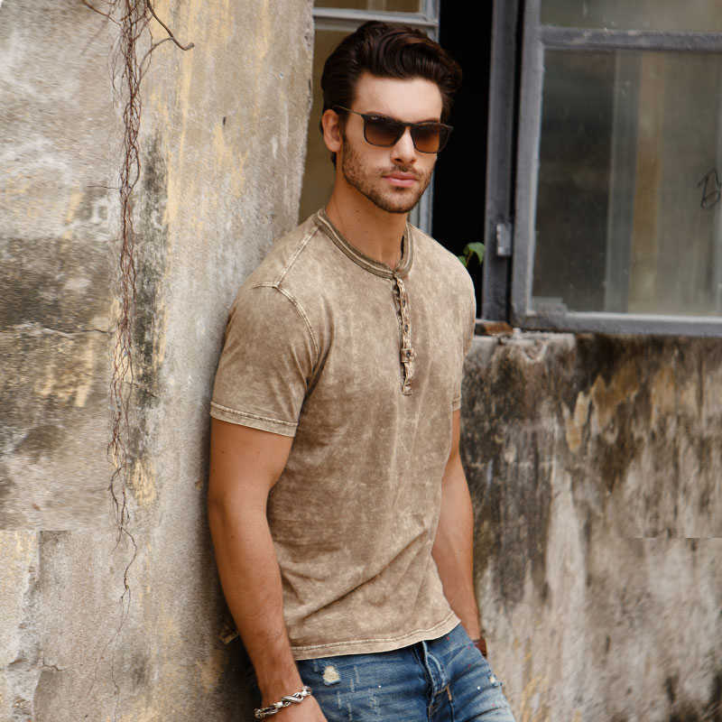 T Shirts For Men Henry Collar Vintage Shirt 100% Cotton Summer Man Short Sleeve Washed Clothes retro Fashion ops 210629