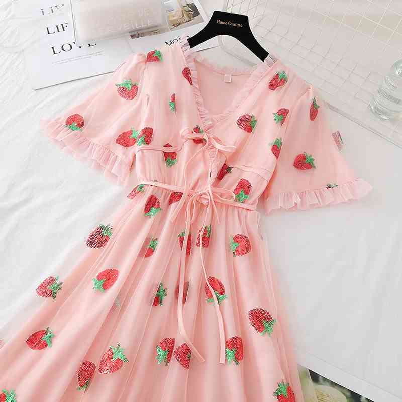 Spring Vintage Sequined Strawberry Pink Mesh Party Dress Women's Sexy V-Neck Short Sleeve Bow Tulle Midi Dresses 210519