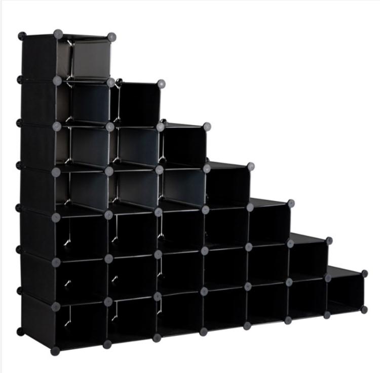 2022 Boxes & Bins 7-Tier Shoe Rack Space Saving 28-Pair Plastic Units Cabinet Storage Organizer Ideal for Entryway Hallway Bathroom Living Room Black