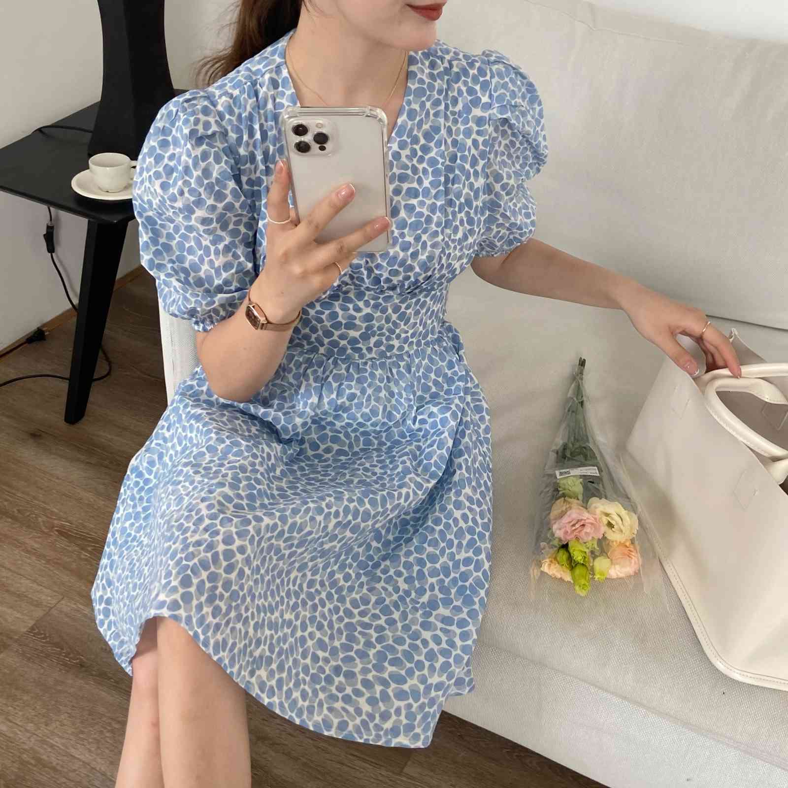 Korea Style High Waist Vintage A-Line Dress Women Elegant Puff Sleeve Mini Casual Sweet Sexy Beach Skirts Clothing 210519