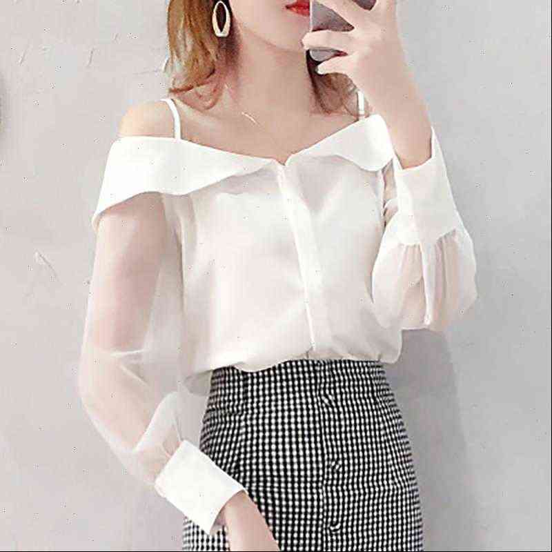 off shoulder spaghetti transparent womens shirts organza buttoned up adjust straps autumn, White
off shoulder spaghetti transparent womens shirts organza buttoned up adjust straps autumn, White