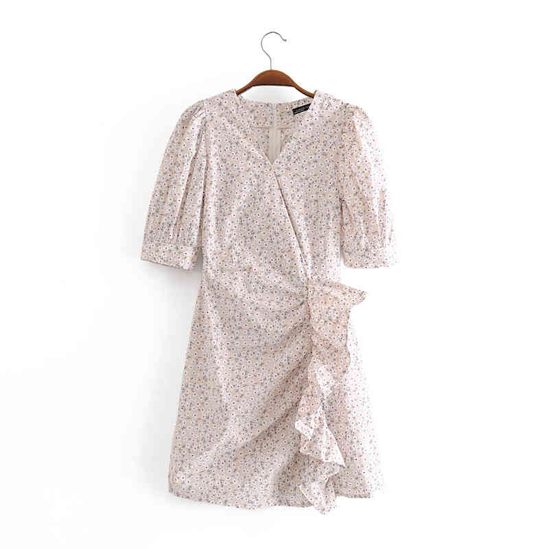 beauty Fashion Casual Chic Chrysanthemum Print Midi Dress Women Holiday Ruffles V-neck Cotton Summer Ladies Dresses 210514