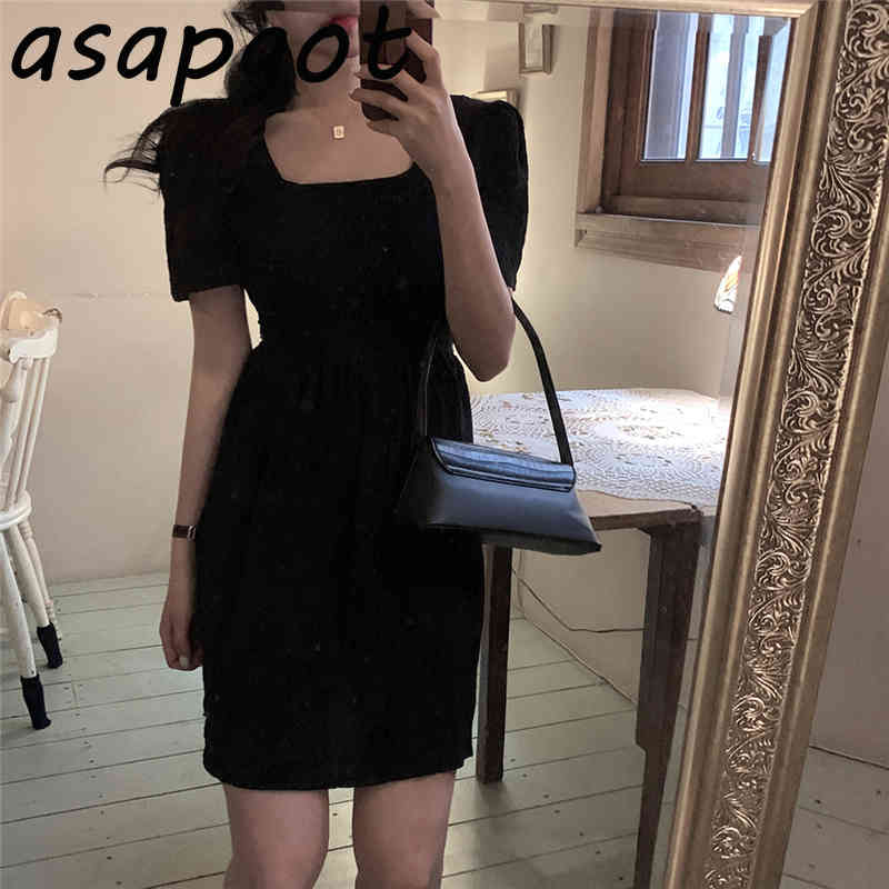 Vintage Short Sleeve Square Neck Purple Dress Women Mini Girls Gentle Slim Waist Summer Temperament Vestido Mujer Clothes 210429