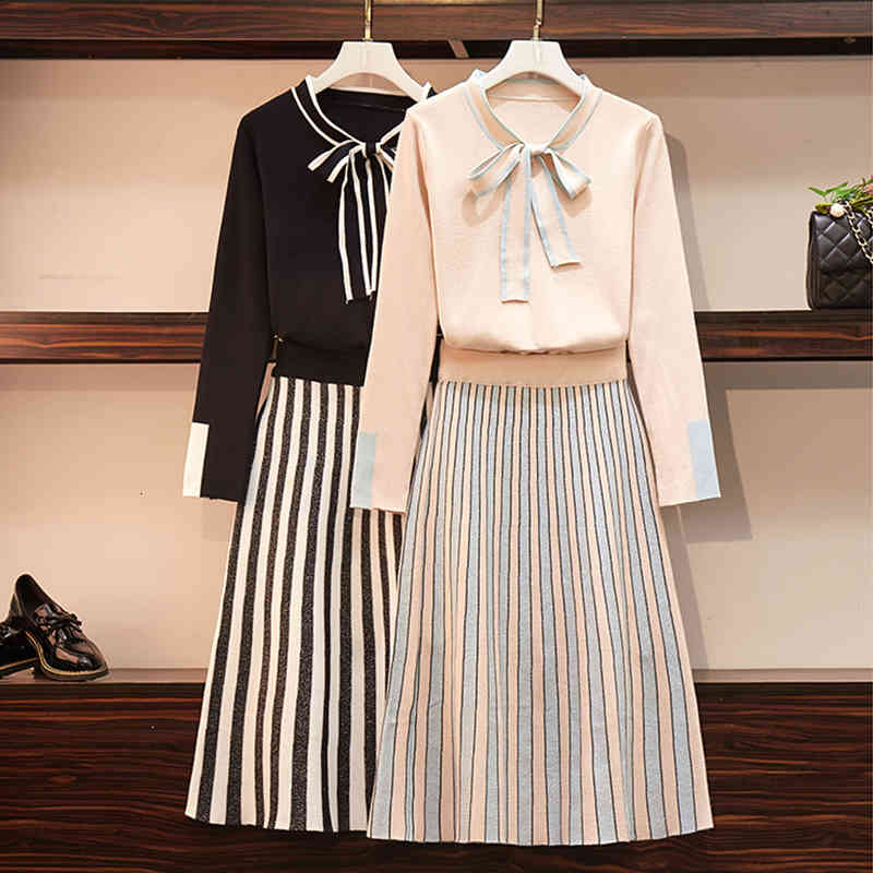 Plus Size Women 2 Piece Set Autumn Winter Long Sleeve Bow Tie Striped Dress Knitted Sweater Suit Skirt Two-piece Suit Drress 210515