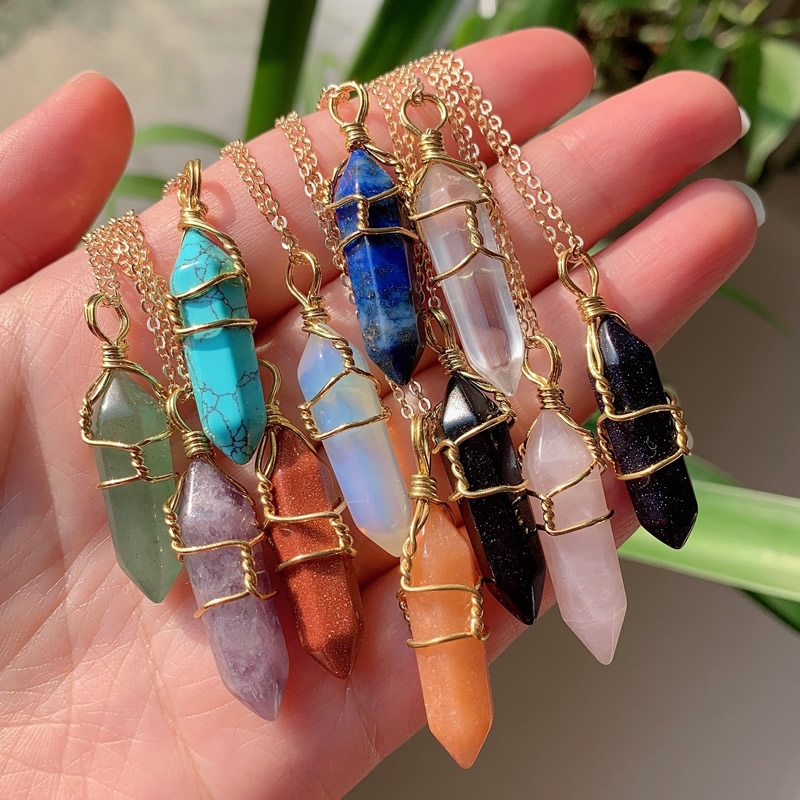 Reiki Healing Jewelry Natural Stone Pendant Wire Wrap Hexagonal Bullet Amethysts Quartz Crystal Pendulum Chakra Necklace