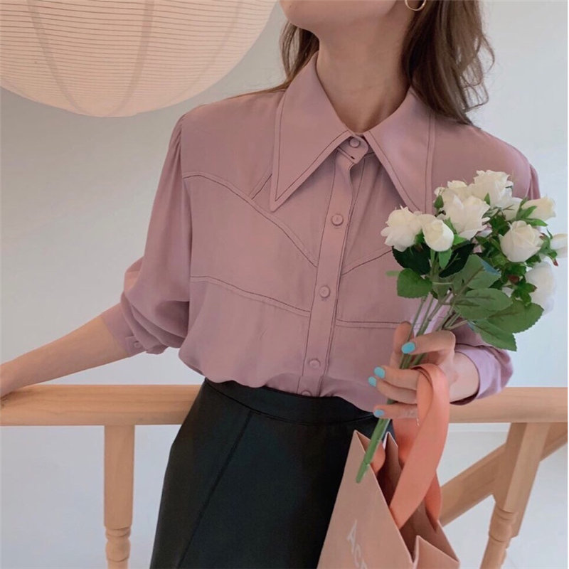 Color-Hit Girls Vintage High Street Elegance OL All-Match Casual Basic Full Sleeves Chic Loose Slim Women Shirts 210421