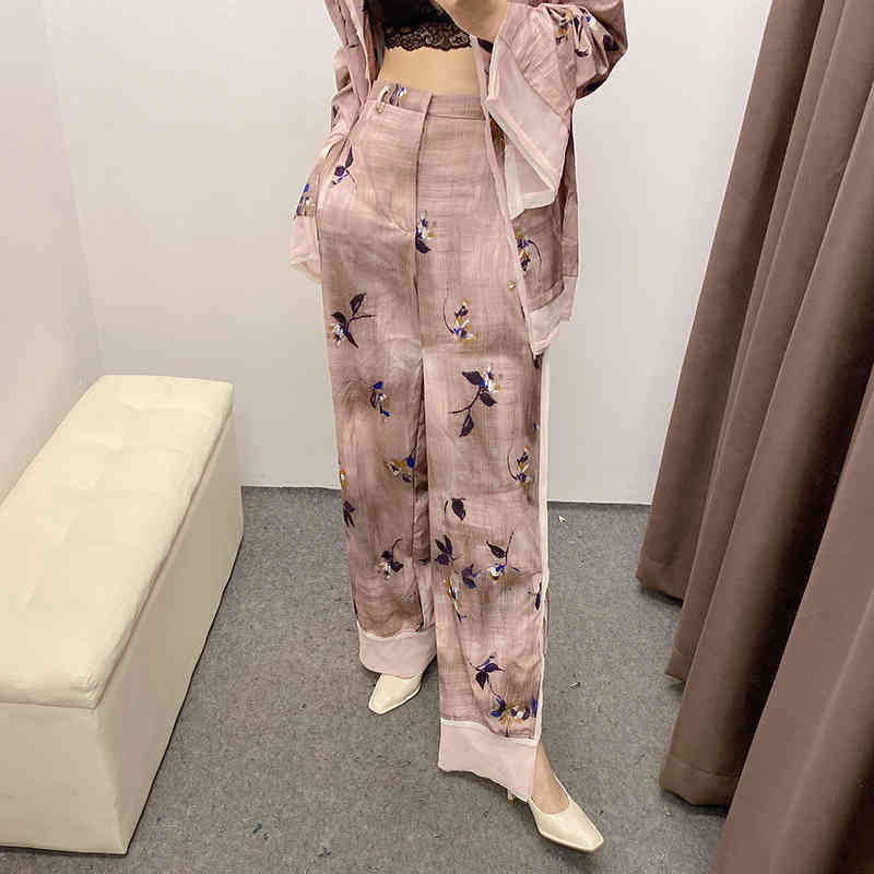 Floral Print Patchwork Pants Women Pockets Side Split Chic Long Trousers Lady Loose Wide Leg Bottoms Ropa Mujer 210515