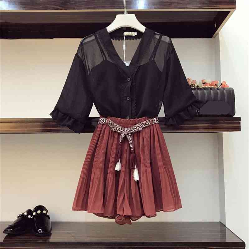 Summer Women Fashion Black Vest + Sheer Tops Pleated Shorts 3pcs sets Female Suits 210428, Yellow
Summer Women Fashion Black Vest + Sheer Tops Pleated Shorts 3pcs sets Female Suits 210428, Yellow