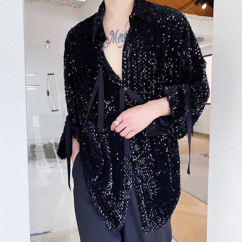 IEFB /men's wear Single-product velvet sequins fashionable lace-up large size black red shirts for male Spring tops 9Y4068 210721