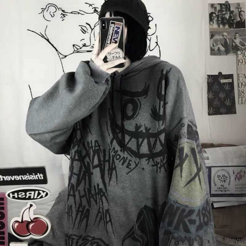 FERNAN Goth Sweatshirts Women Grunge Japan Style Anime Hip Hop Hoodie Oversized Punk Female Tops Long Sleeve Gothic Alt Clothes 210830
