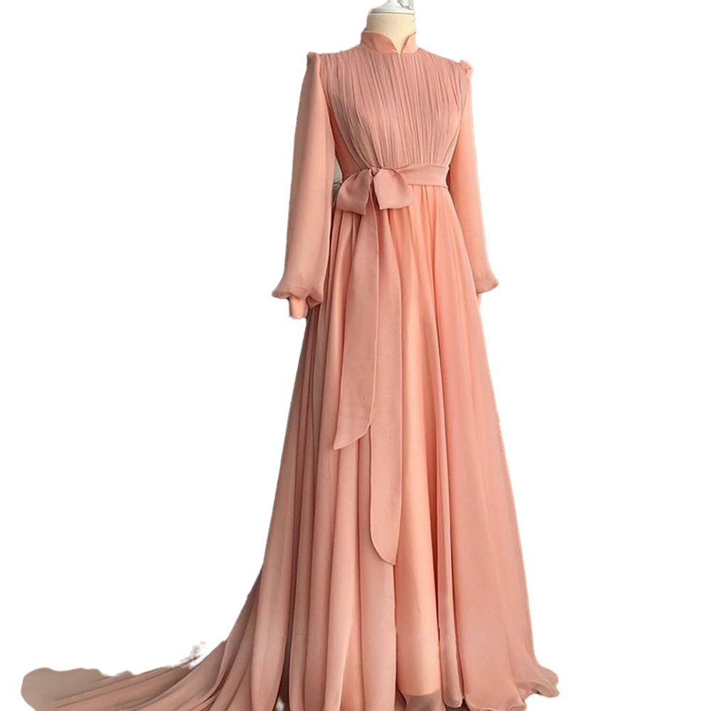 Elegant Pearls Pink Chiffon Muslim Formal Evening Dresses High Collar Long Sleeves Pleats Moroccan Kaftan Special Occaion Gowns A Line Arabic Dubai Pr