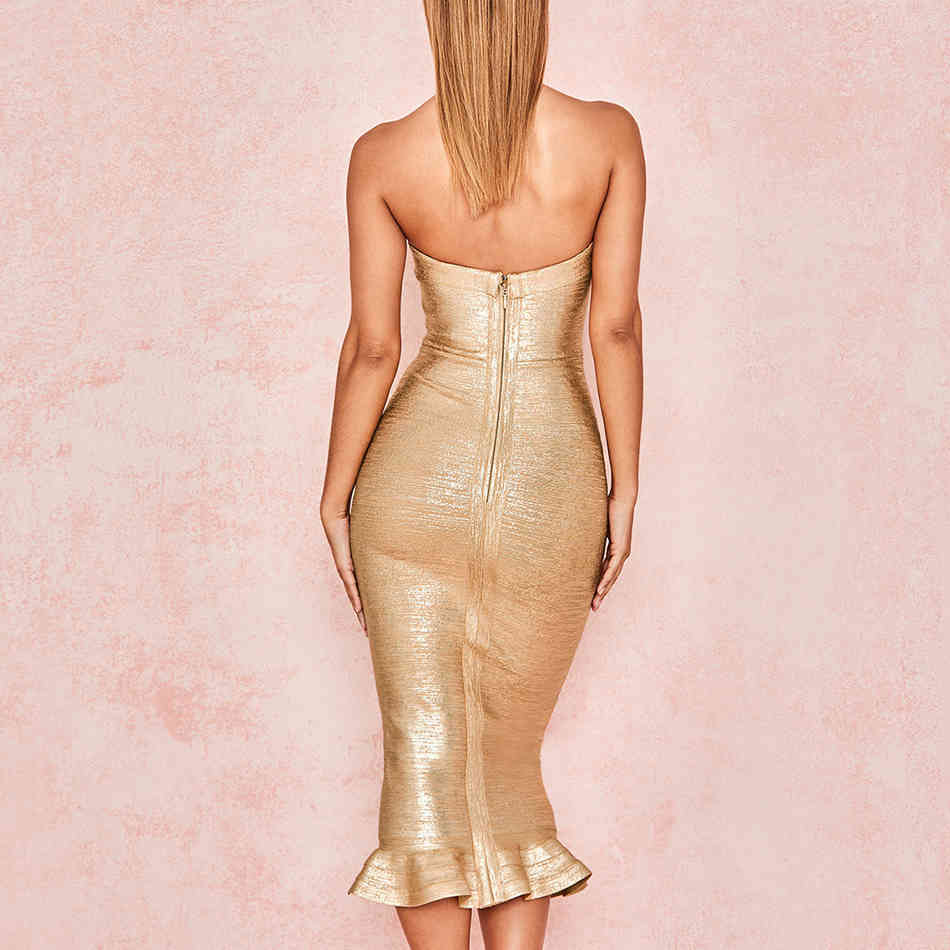 Summer Women Gold Runway Bandage Dress Vestido Sexy Sleeveless Strapless Club Elegant Celebrity Party 210423